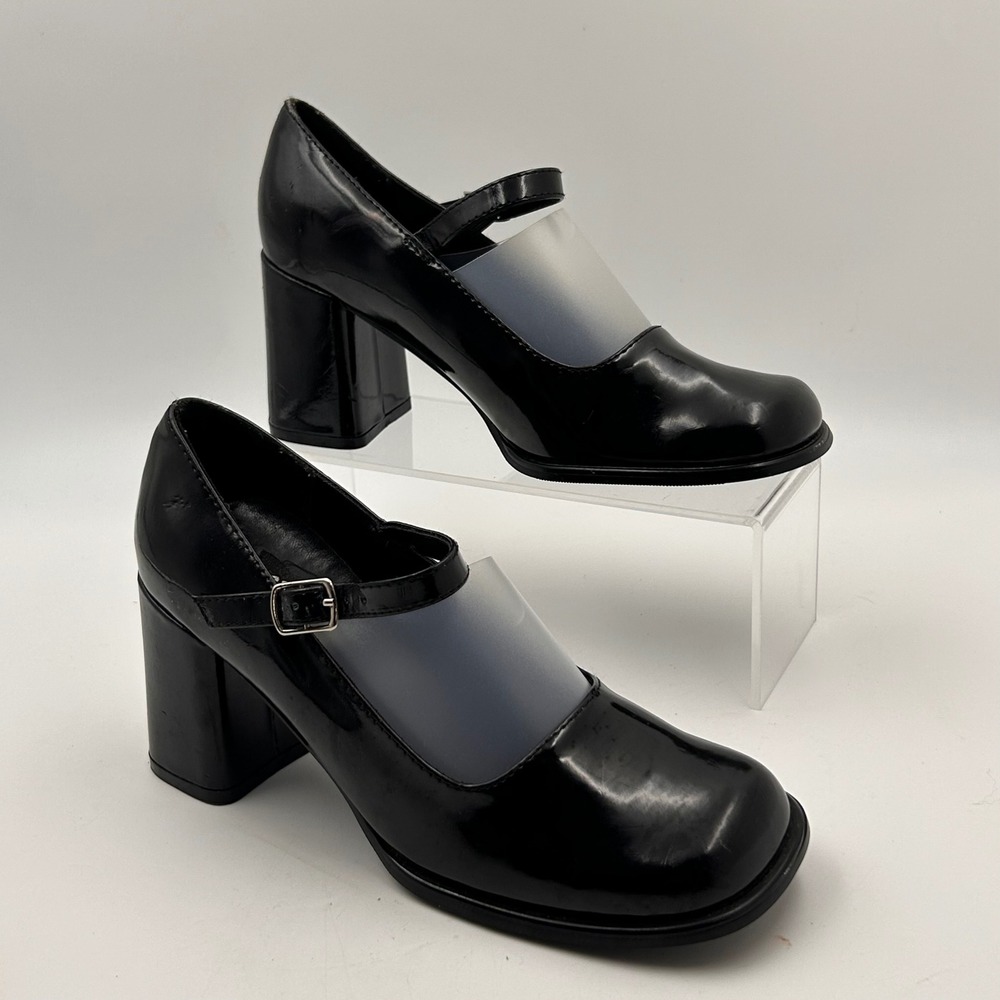 Crazy Mary Jane Heels 6 Black Patent Square Toe Block Heel Y2K Goth Grunge Retro